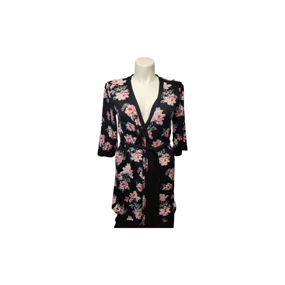 Laura Ashley Soft Intimates Robe Women M Black Belted Floral